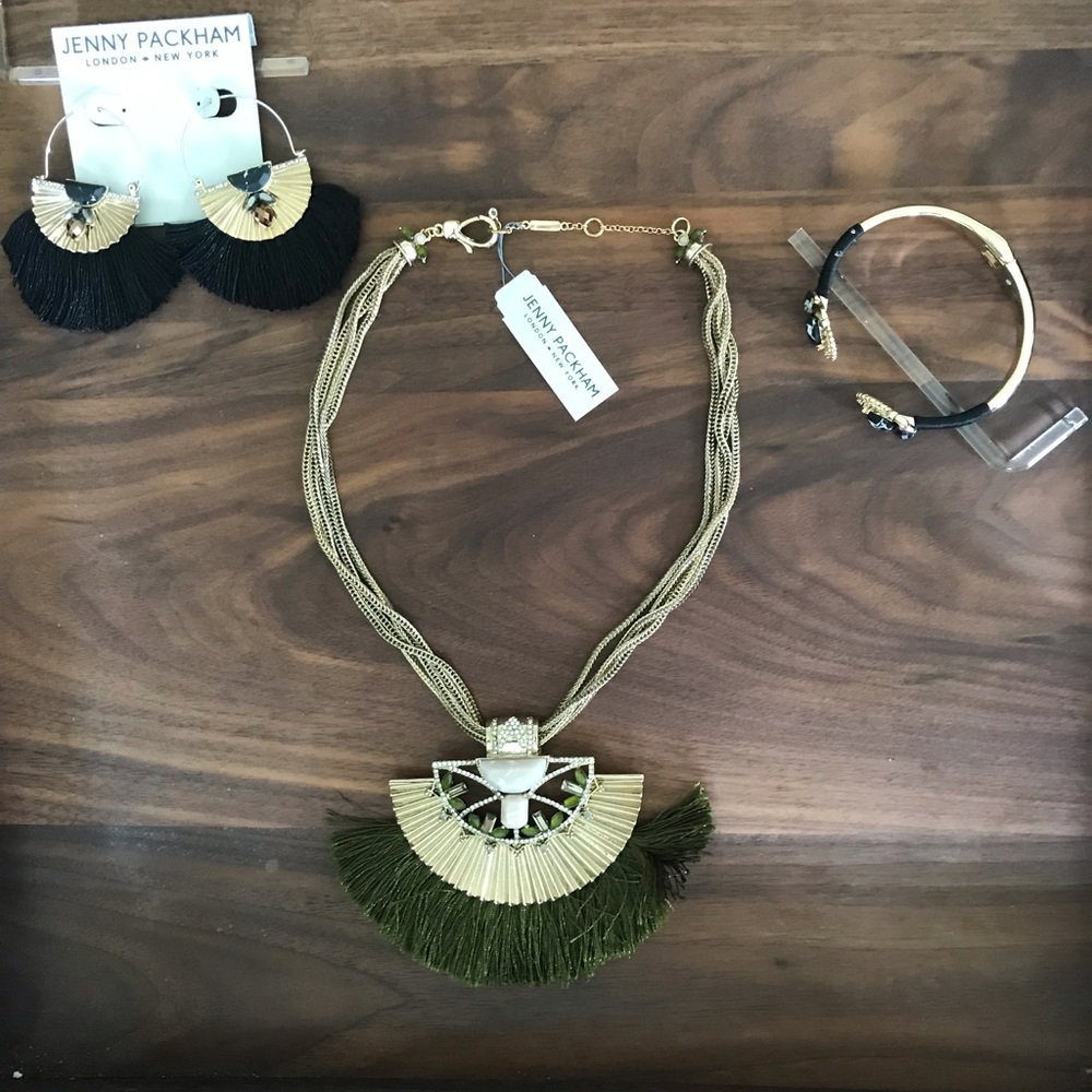Jenny Packham Olive Green Fringe Boho Necklace Black Gold Earrings Bracelet Set